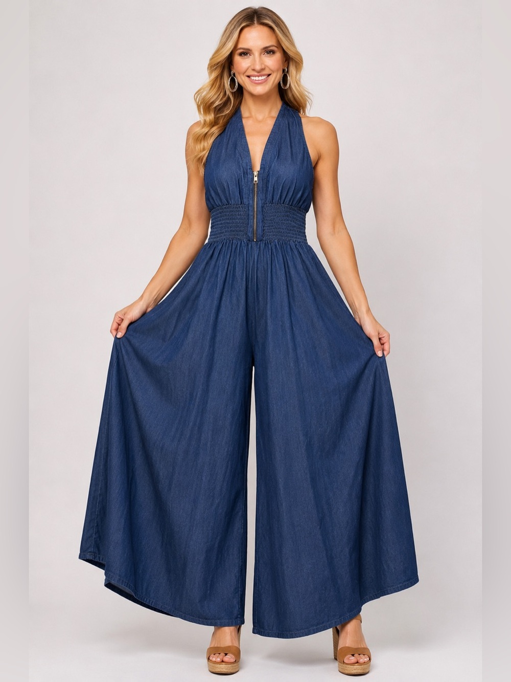 STEP IN STYLE Chambray Halter Wide Leg Jumpsuit Women’s NWT